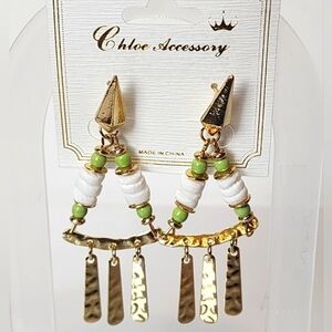 Chloe Accessory Tribal Boho Earrings Gold Tone Dangle White Green Beaded New
